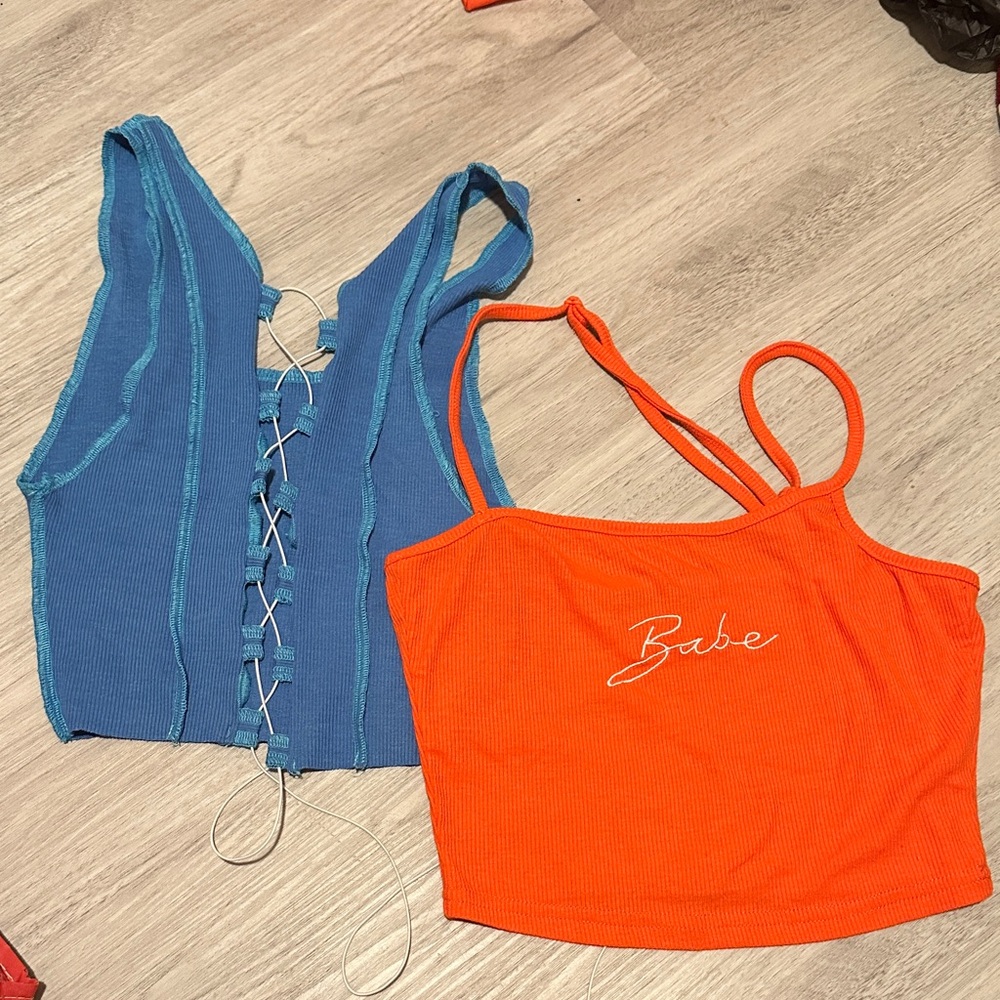 Blue Lace-Up Ribbed Crop Top & Orange 'Babe' Tank Duo